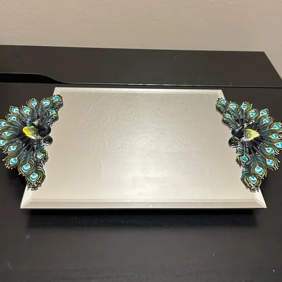 Vintage Enamel Rhinestone Pewter Peacock Mirror Vanity Tray